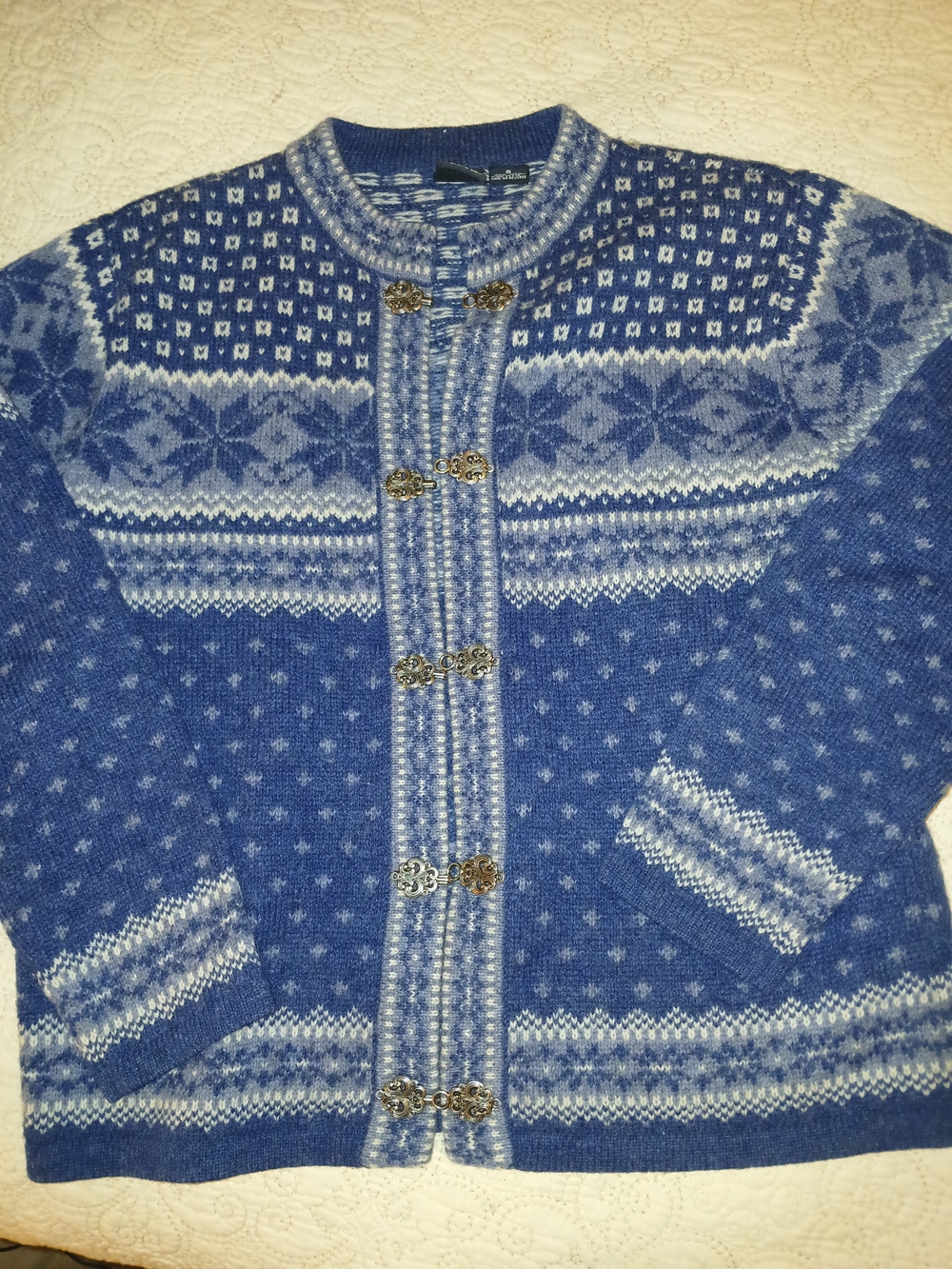Skyr Blue Patterned Wool Cardigan with Silver Clasps